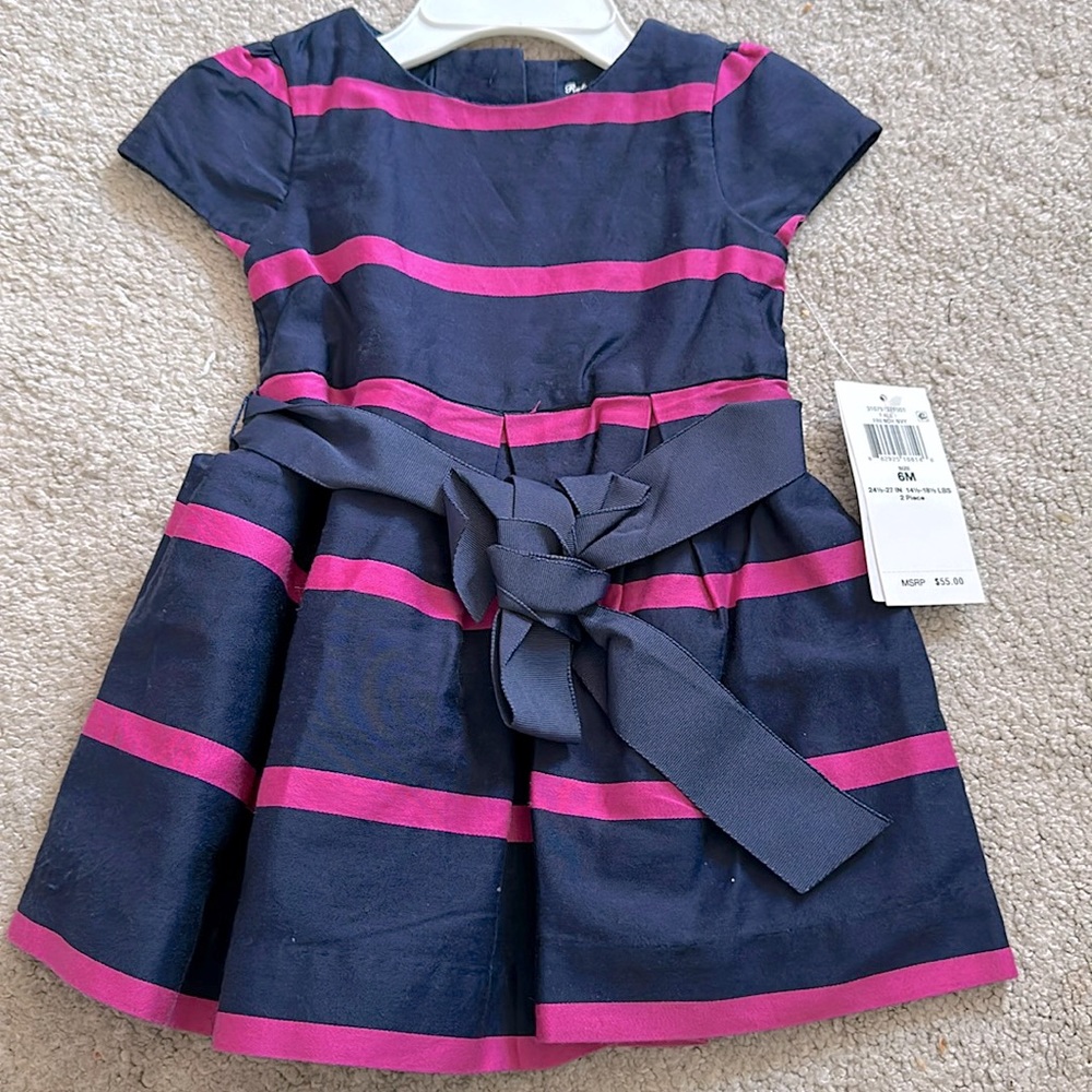 Navy blue pink/magenta striped infant girl dress with belt tie. 6M